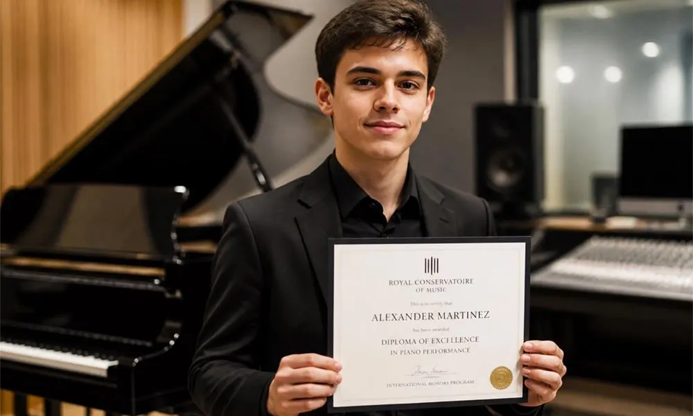 Músico joven sostiene un certificado junto a un piano