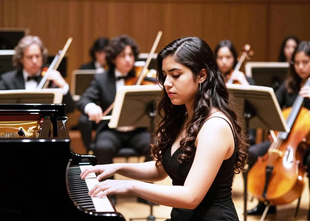 Pianista joven practica en una sala de música