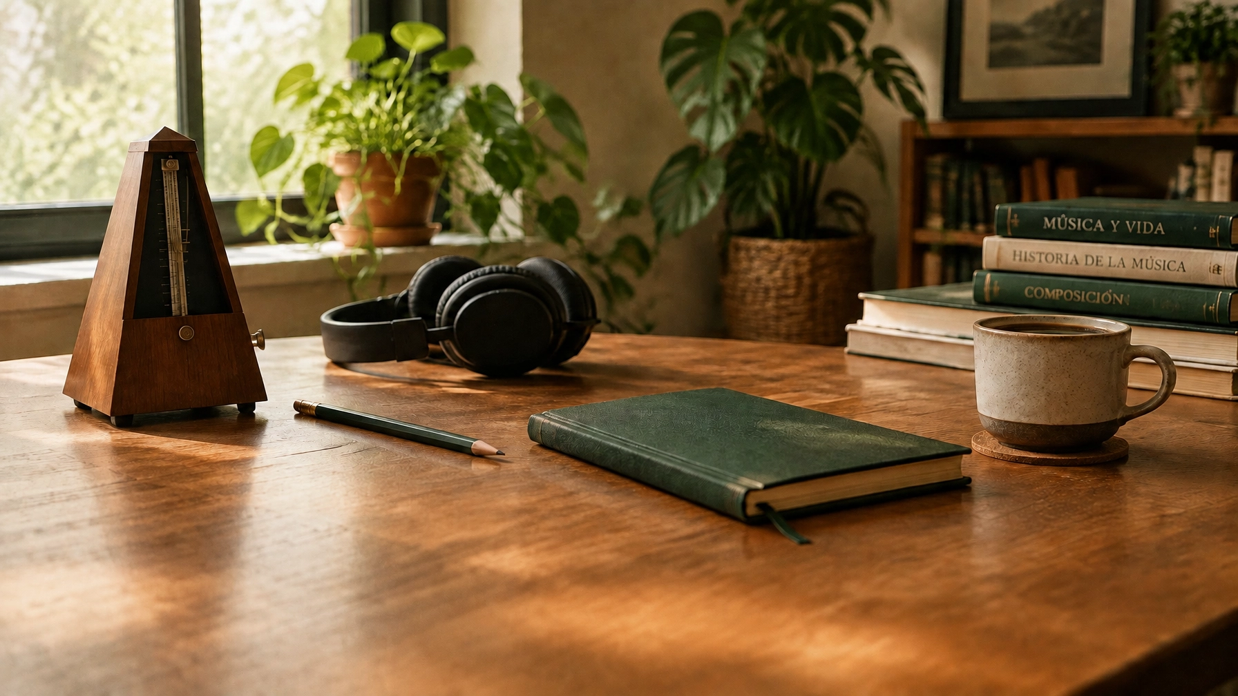 Escritorio de estudio musical con metrónomo, audífonos y cuaderno