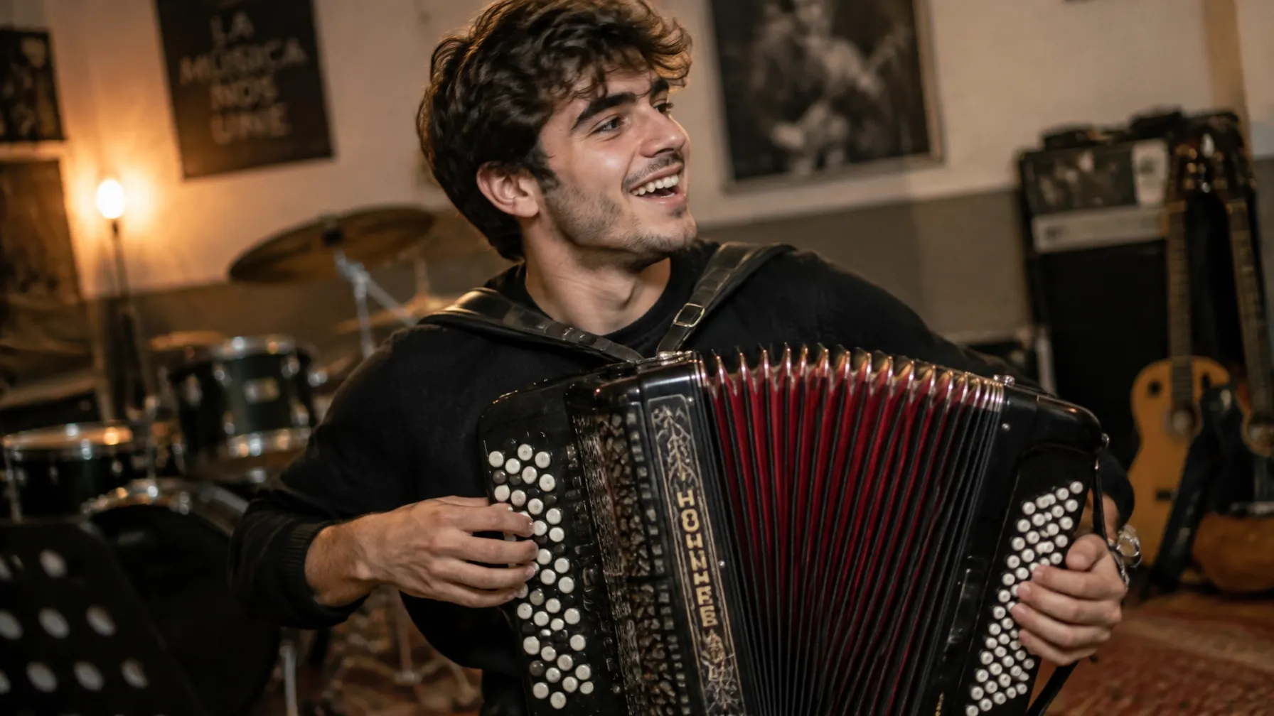 Acordeonista joven toca con entusiasmo en una sala de ensayo