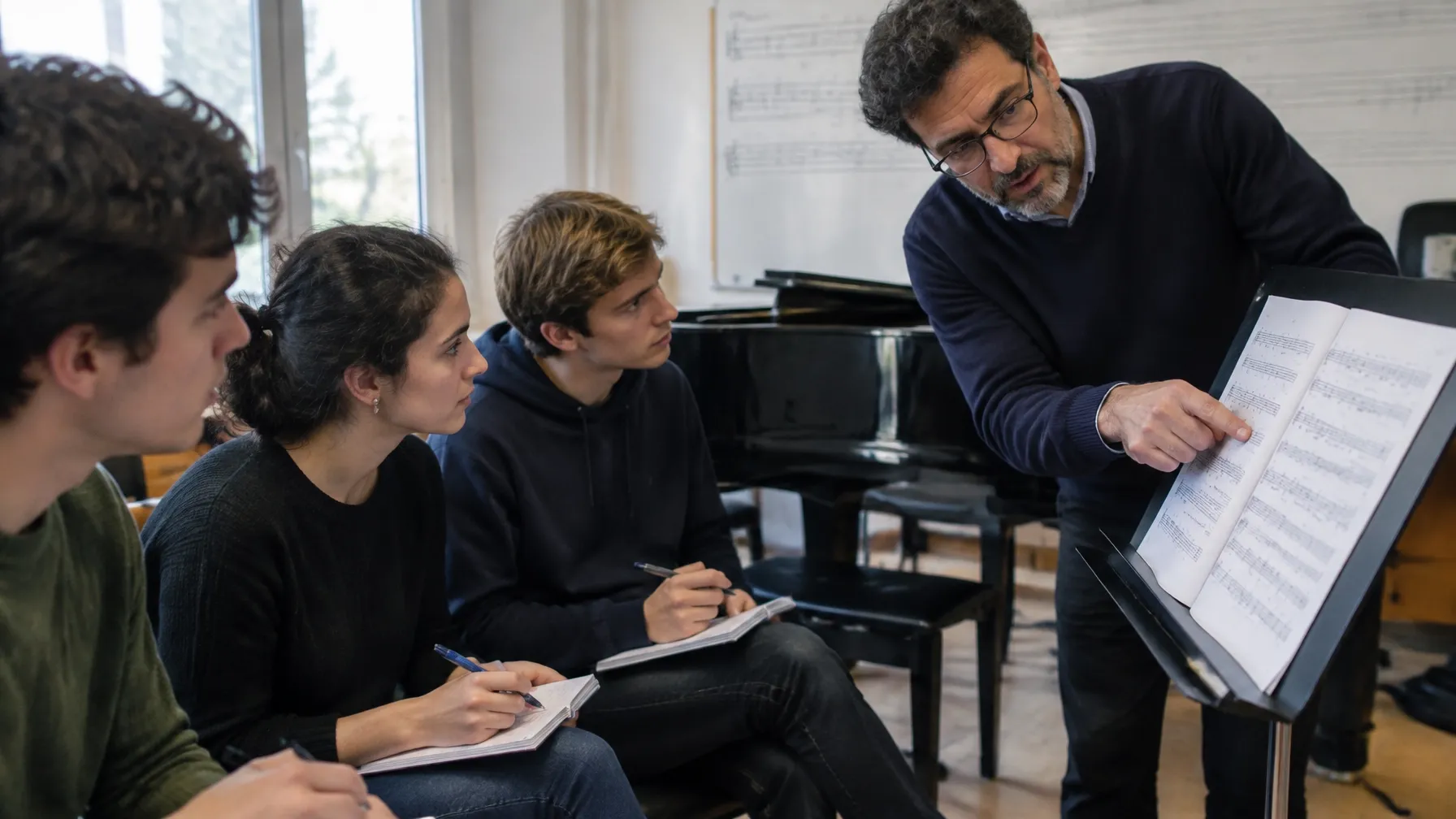 Clase magistral con maestro y alumnos revisando partituras