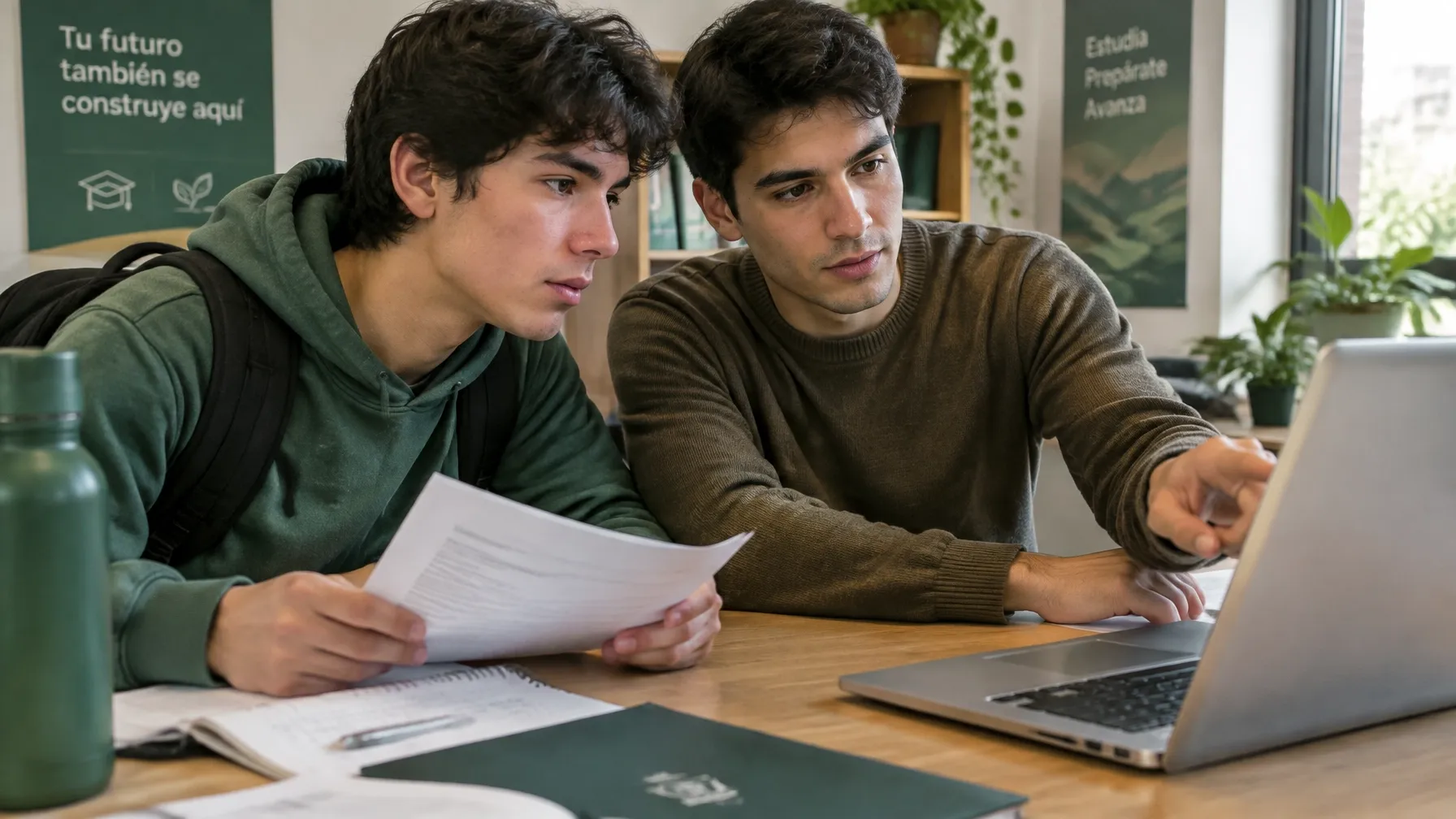 Dos aspirantes revisan documentos y una laptop en una mesa de estudio