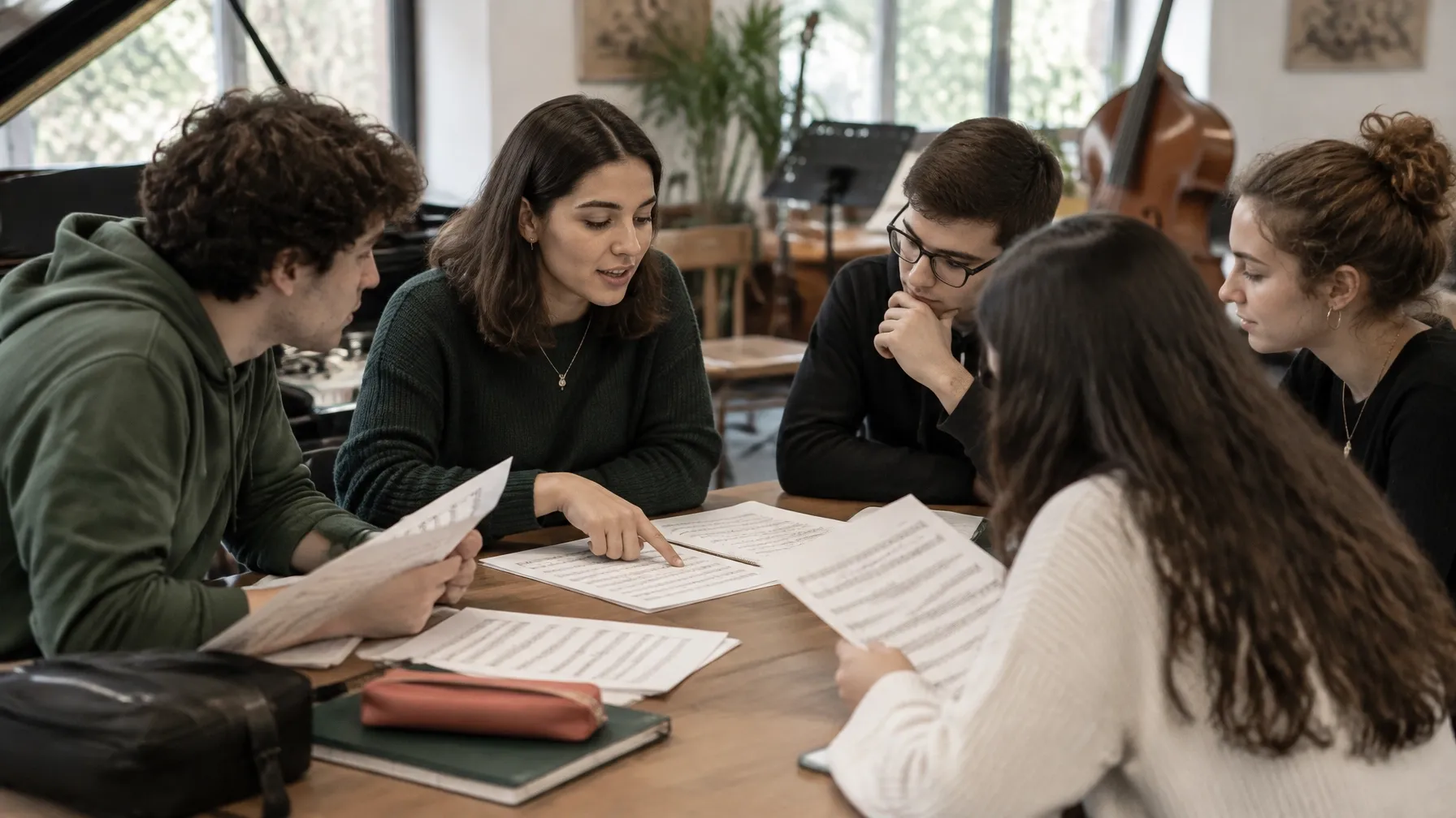 Estudiantes de música conversan alrededor de una mesa de trabajo
