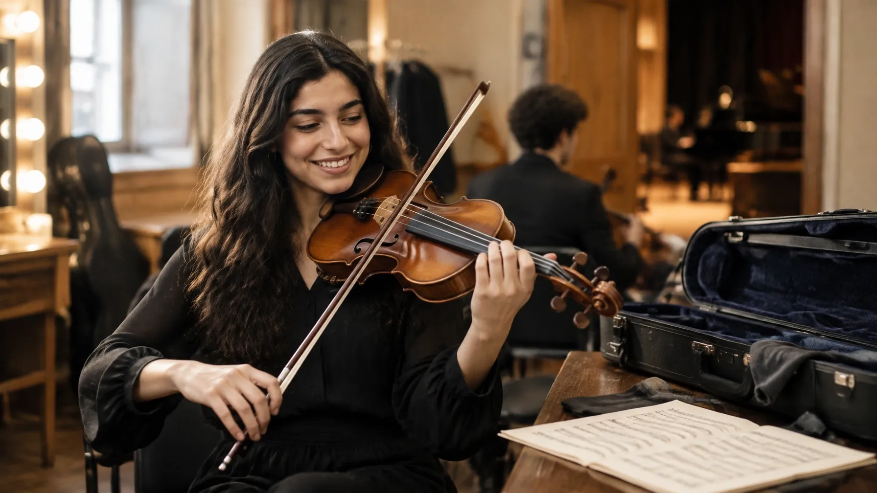 Estudiante de violín calienta antes de un recital en un conservatorio