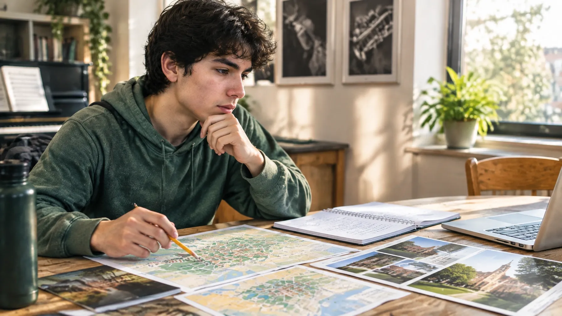 Aspirante compara opciones de escuelas de música con mapas y apuntes