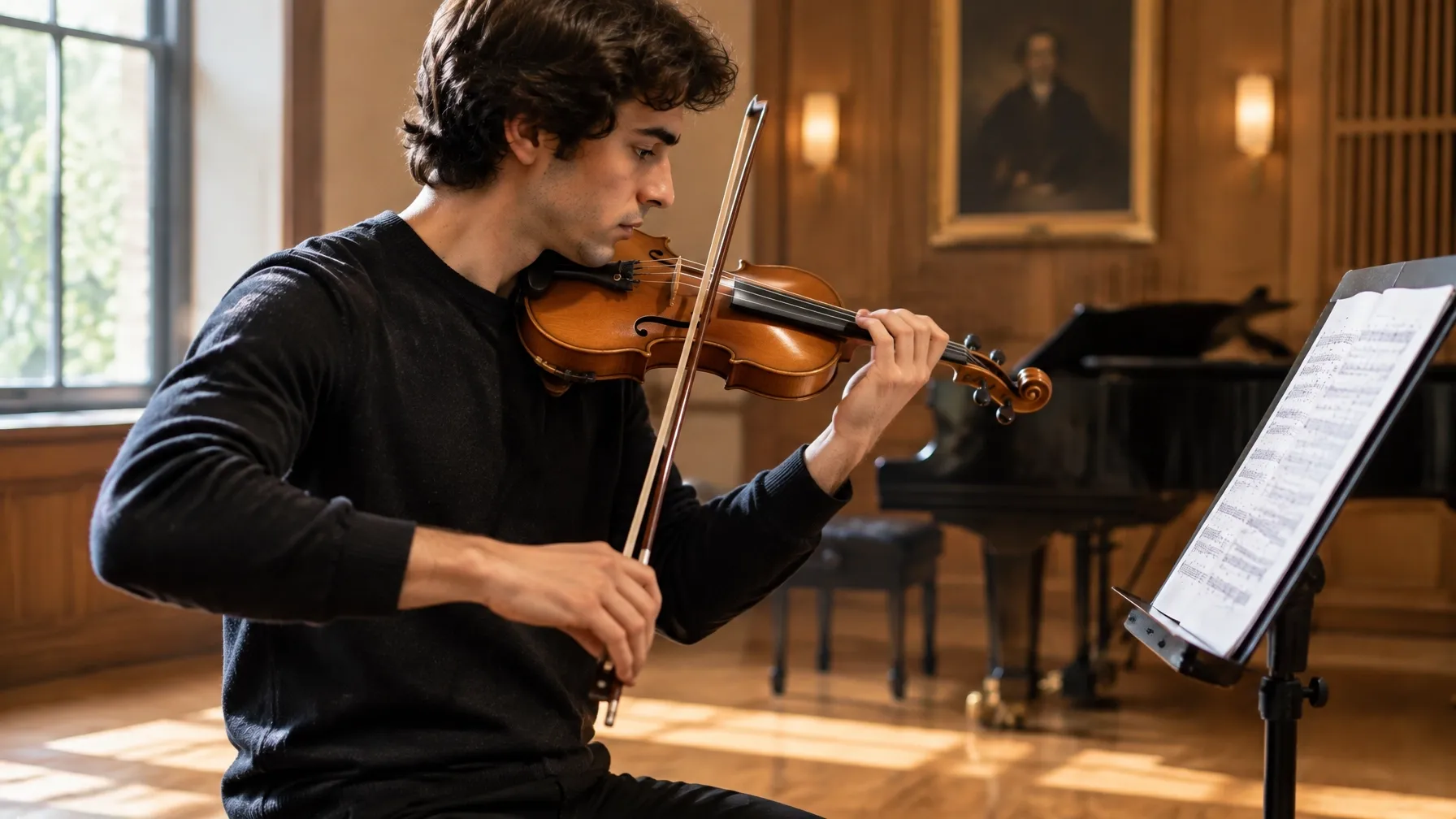 Violinista joven practica en un estudio de conservatorio