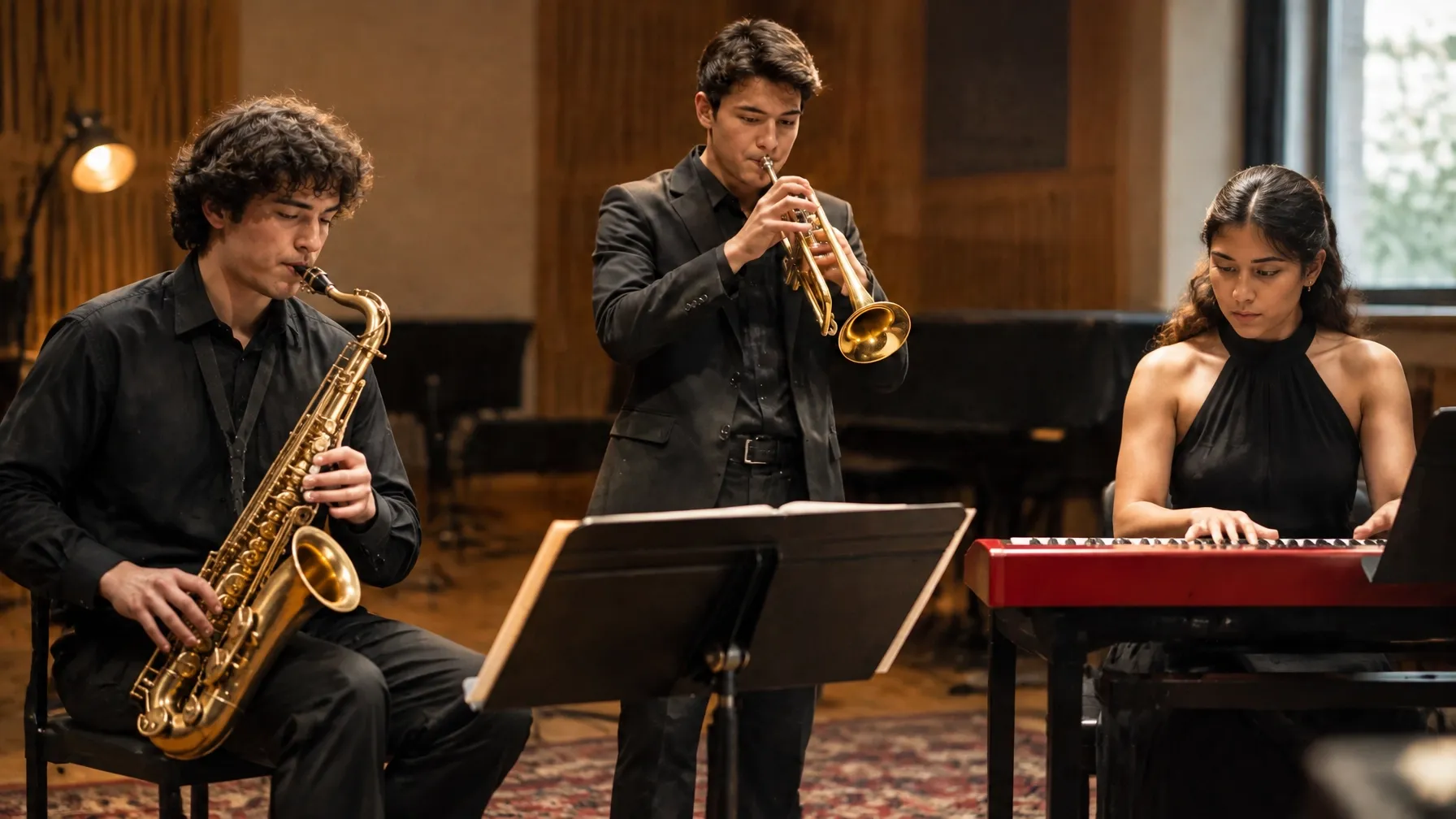 Tres jóvenes músicos ensayan un combo de jazz en una sala