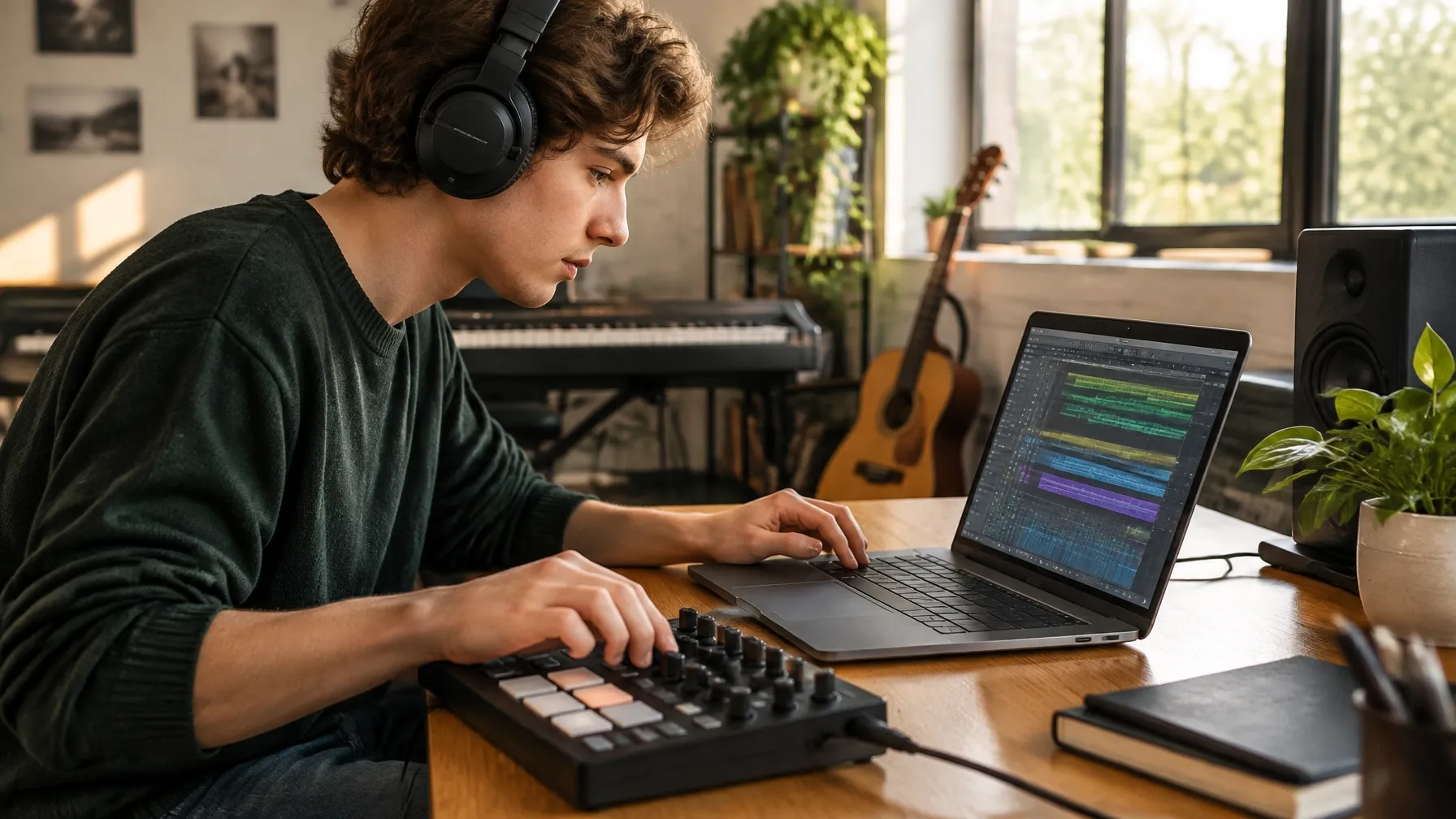 Joven músico explora tecnología de audio en un estudio creativo