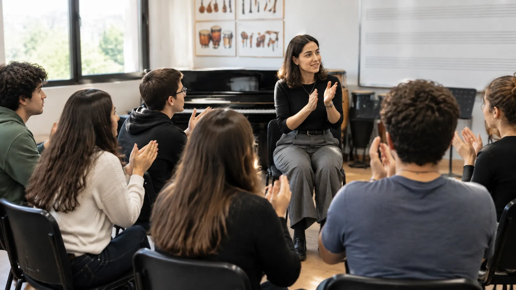 Estudiantes practican rítmica con palmas mientras una maestra marca el tiempo