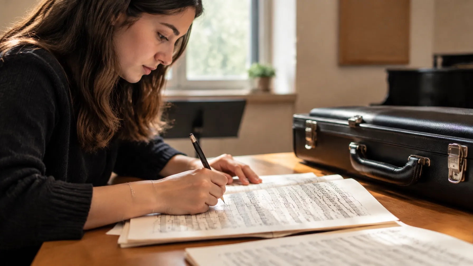 Instrumentista joven marca su repertorio junto al estuche antes de una audición