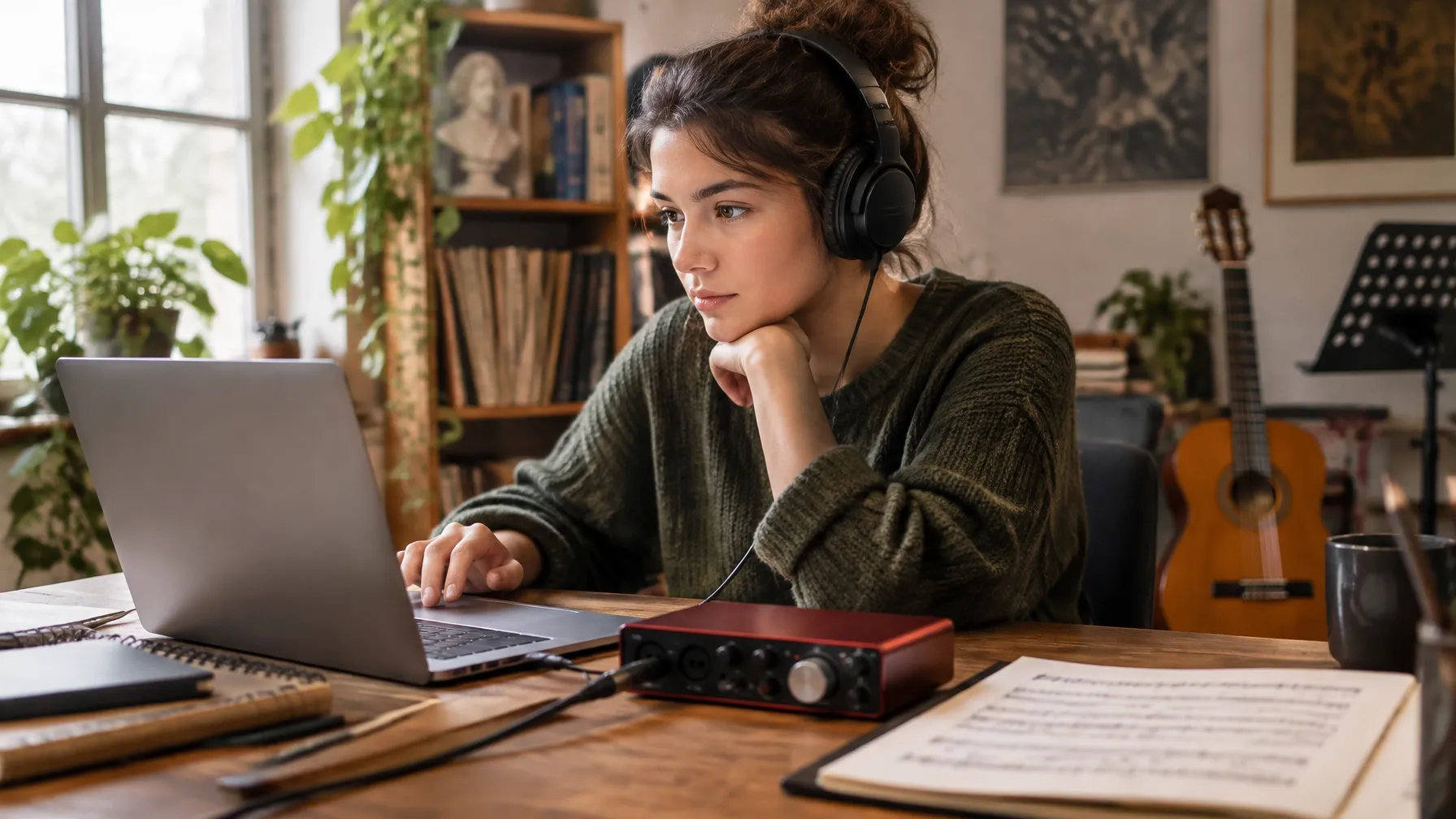 Joven músico trabaja con una laptop y un controlador de audio