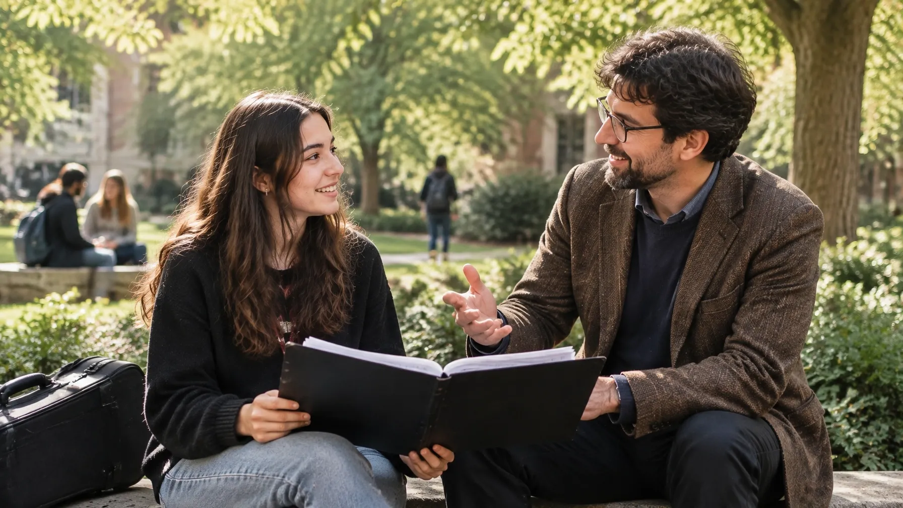Estudiante conversa con un mentor en un campus universitario