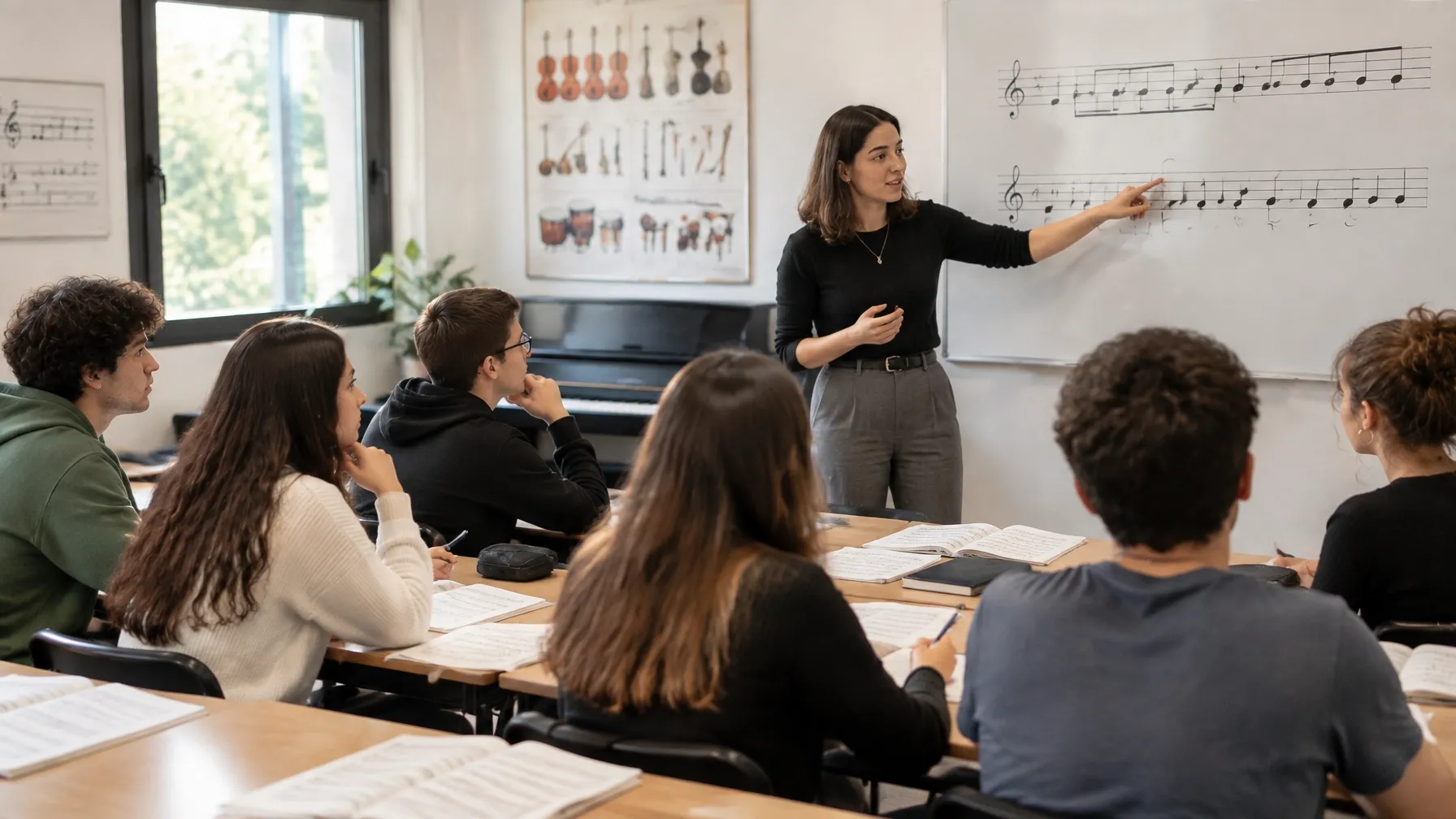 Pequeña clase de teoría musical trabaja ejercicios de notación