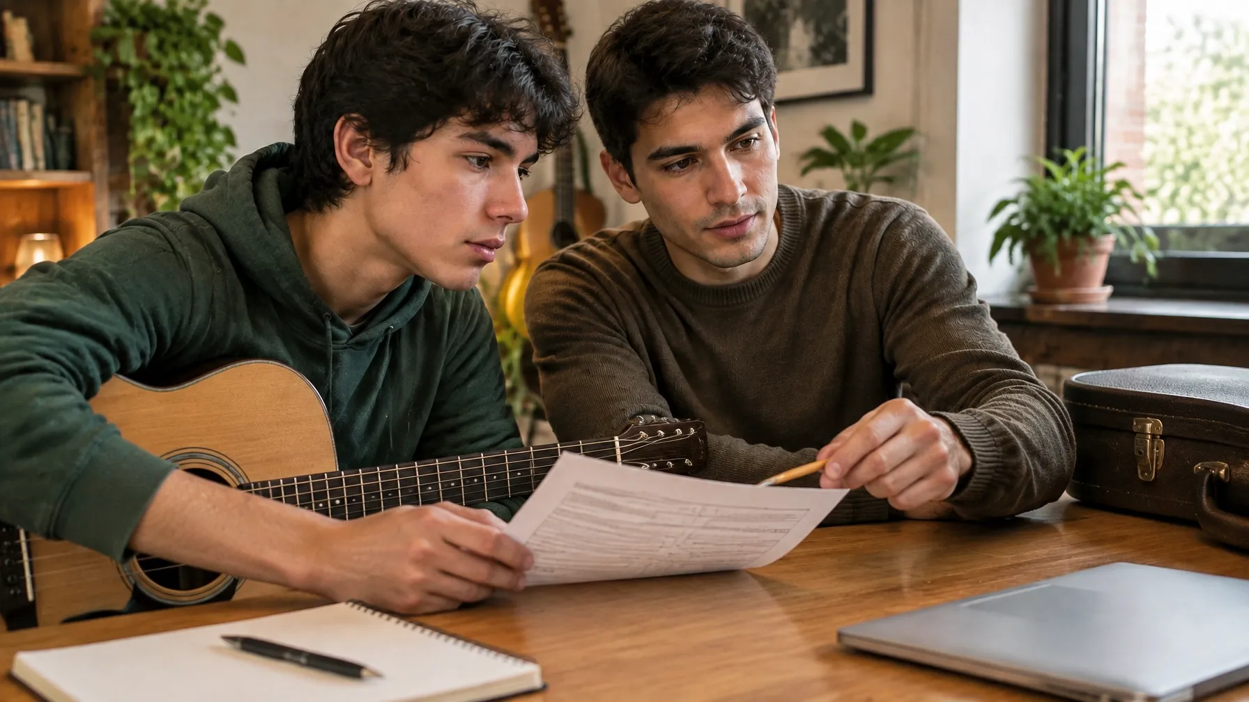 Mentor y músico joven revisan un plan de práctica después de clase
