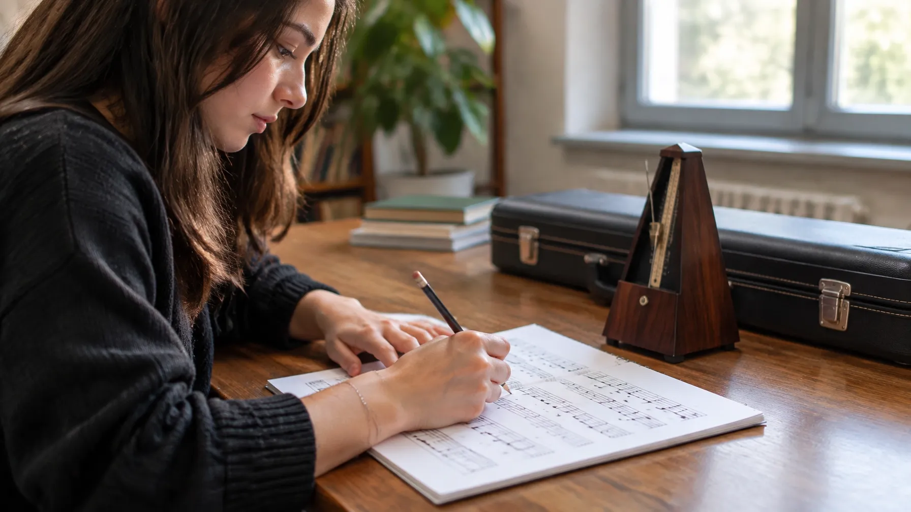 Estudiante marca un ejercicio rítmico junto a un metrónomo y un estuche