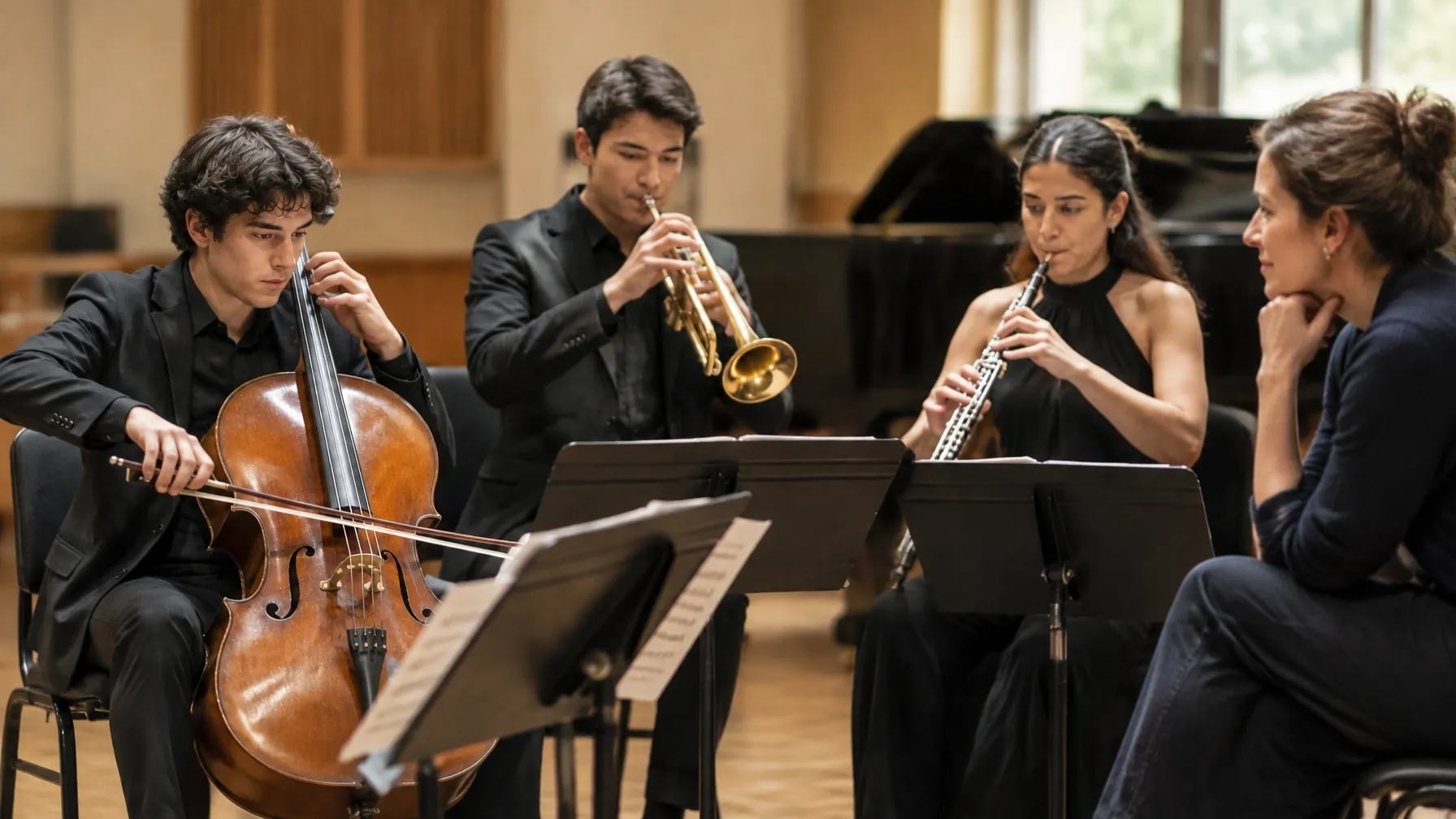 Jóvenes músicos ensayan un conjunto mientras una maestra escucha