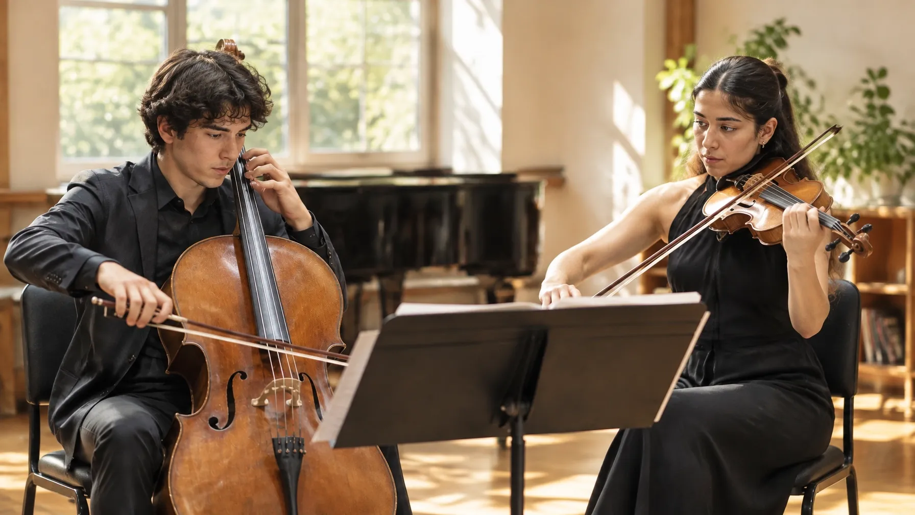Violonchelista y violinista ensayan juntos