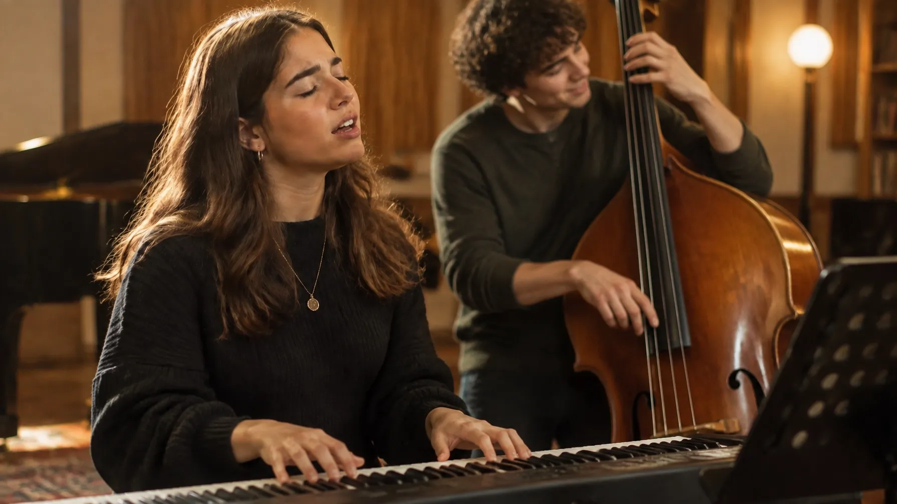 Estudiantes de jazz improvisan alrededor de un teclado y un contrabajo