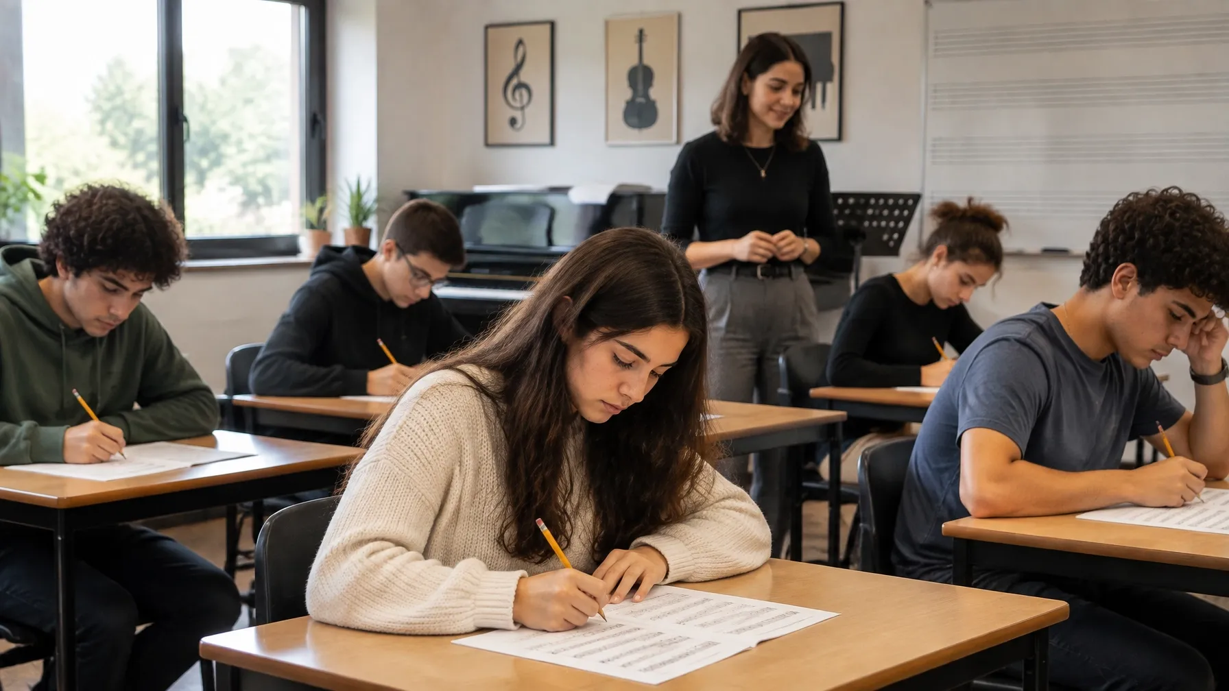 Estudiantes realizan un examen simulado de música en sus pupitres