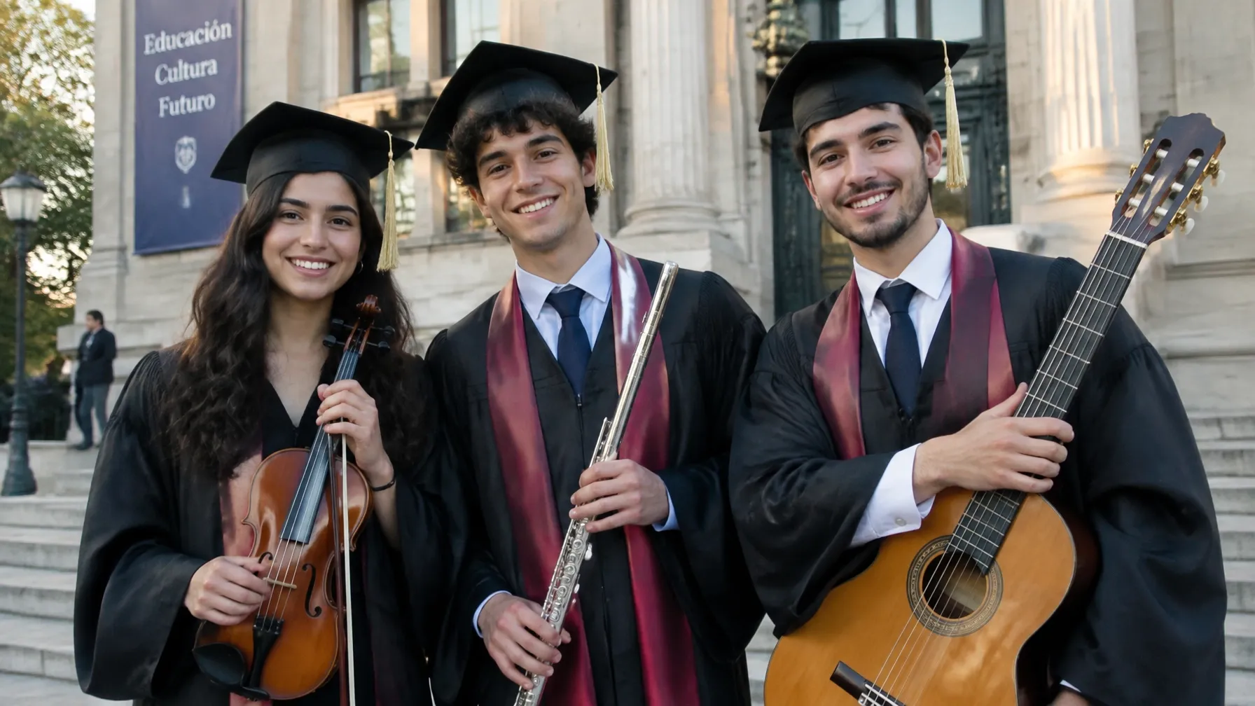 Jóvenes graduados de música sonríen con sus instrumentos