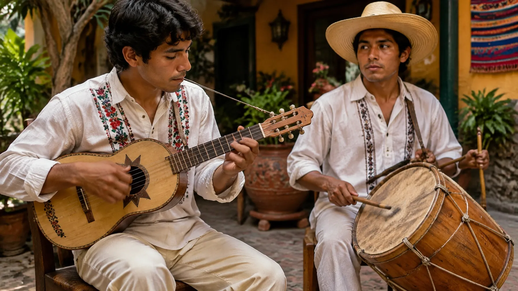 Dos jóvenes tocan jarana y tambor en un patio de música tradicional