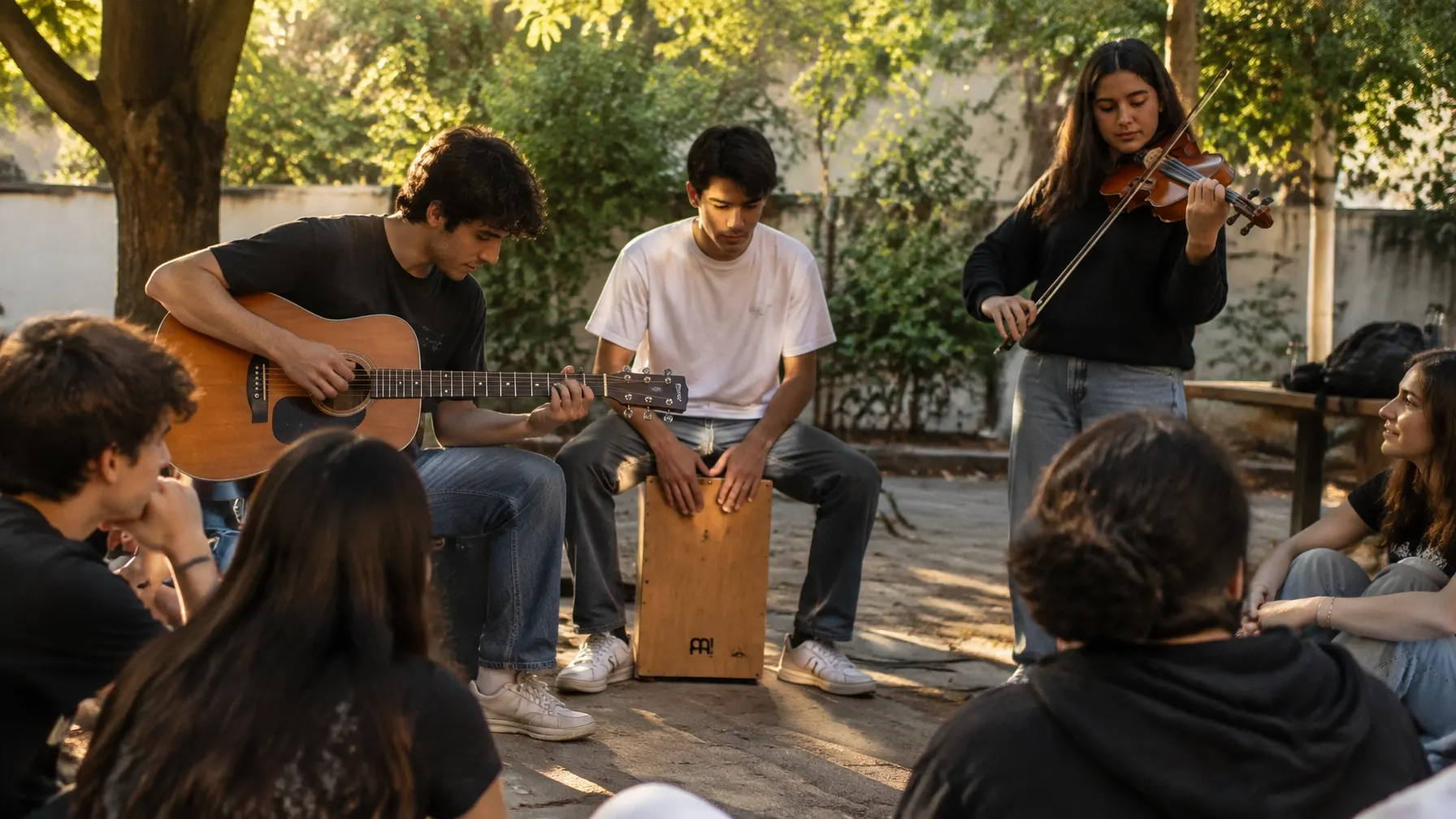 Trío de jóvenes toca guitarra, violín y cajón en un patio al aire libre
