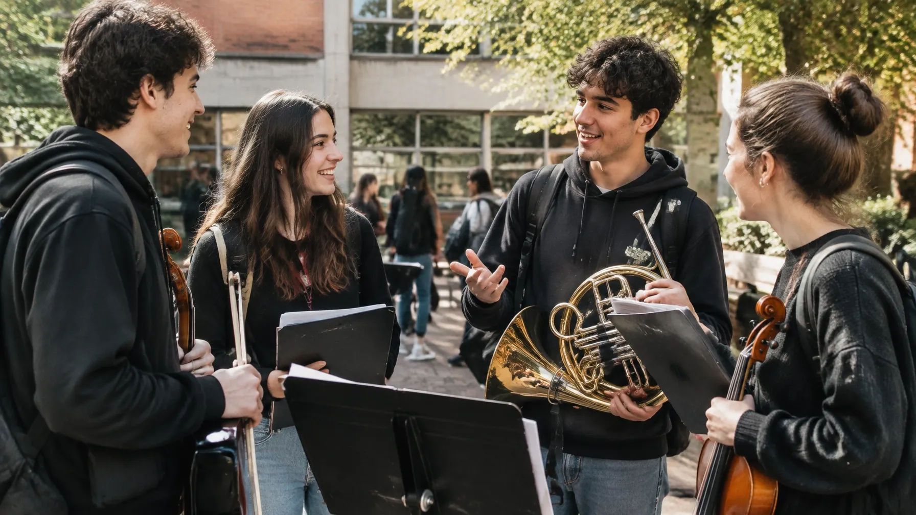 Estudiantes de música conversan con sus instrumentos en un patio