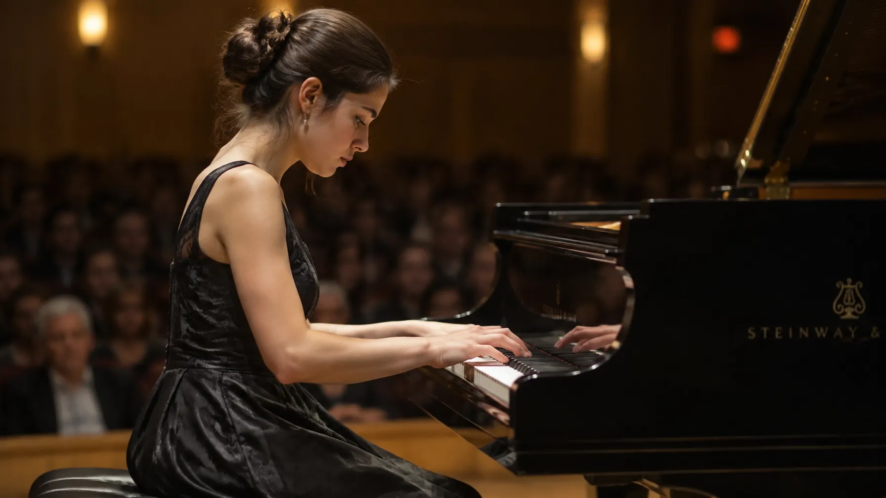 Pianista joven toca en un recital frente a un público atento