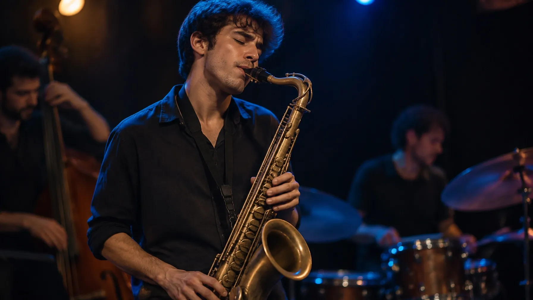 Saxofonista joven tocando jazz con su ensamble