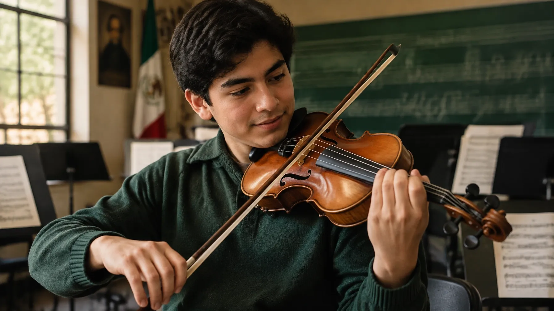 Violinista joven practica en un aula de música